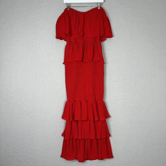 JLUXLABEL Casa Blanca Ruffle Dress Womens XL Red Maxi Strapless Smocked Gown - Picture 1 of 12